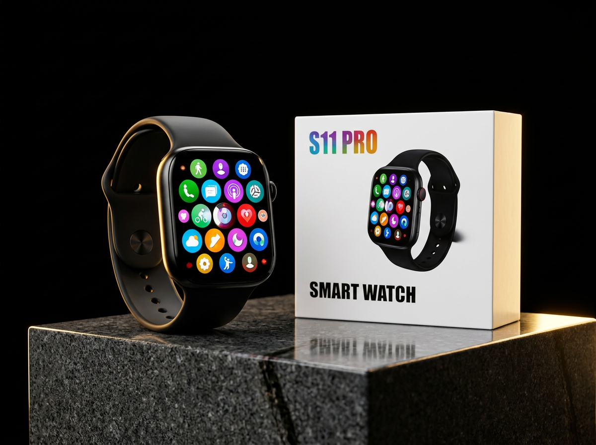 Montre connectée S11 Pro noire et son emballage